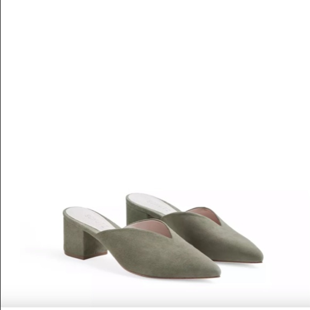 SCHUTZ Olive Suede Pointed-Toe Block Heel Mules